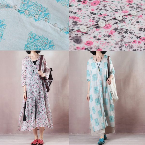 baggy pink print linen dresses plus size v neck side open traveling clothing fine half sleeve linen caftans - Image 5