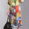 baggy pure linen dresses Loose fitting Printed Single Breasted Short Sleeve Flax Dress