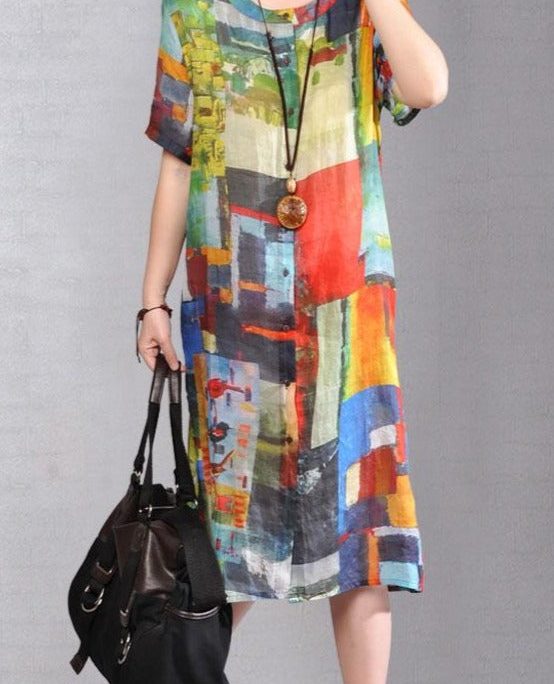 baggy pure linen dresses Loose fitting Printed Single Breasted Short Sleeve Flax Dress