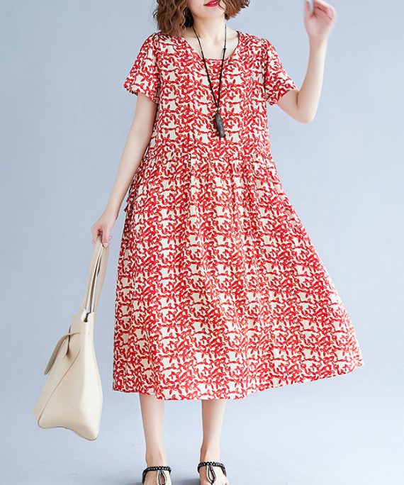 baggy red cotton linen dresses Loose fitting short sleeve print baggy dresses maxi dress 2018 o neck traveling dress