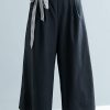 black cotton blended wide leg pants tie waist casual trousers
