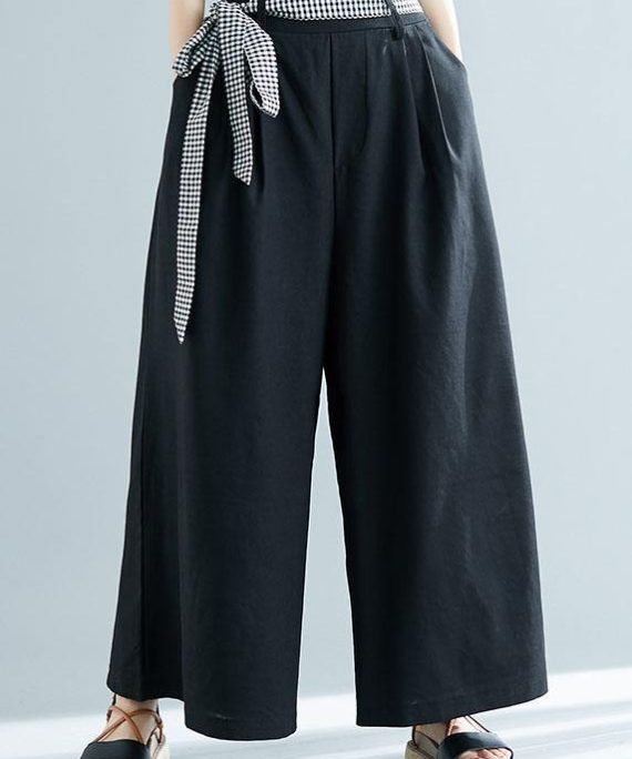 black cotton blended wide leg pants tie waist casual trousers