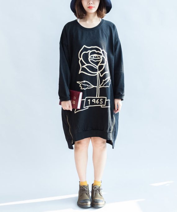 black rose print cotton dresses oversized spring pullover dress