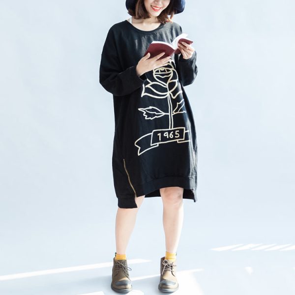 black rose print cotton dresses oversized spring pullover dress - Image 2