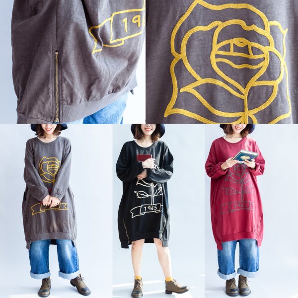 black rose print cotton dresses oversized spring pullover dress - Image 5