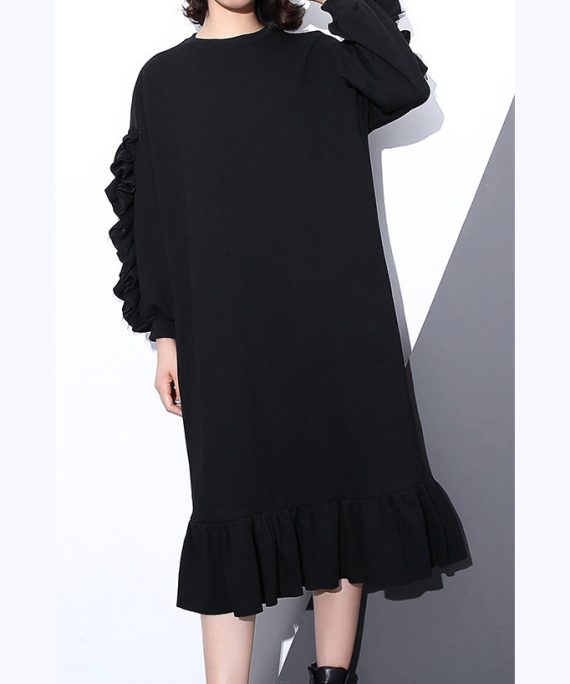 boutique black autumn cotton dress trendy plus size O neck cotton clothing dress 2018 long sleeve Cinched maxi dresses