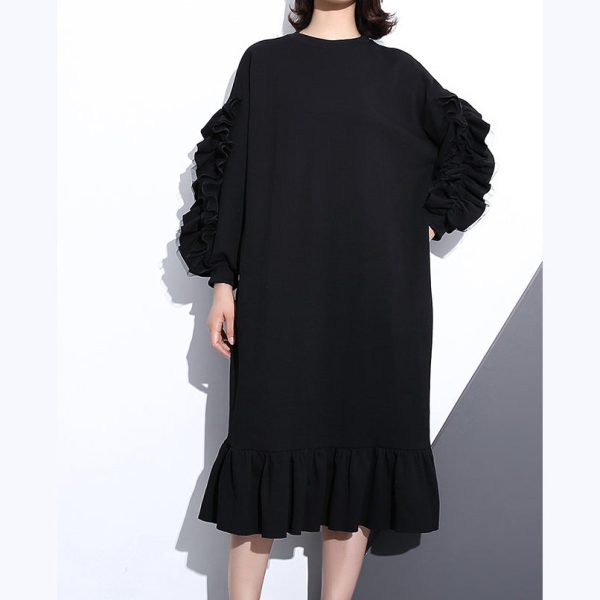 boutique black autumn cotton dress trendy plus size O neck cotton clothing dress 2018 long sleeve Cinched maxi dresses - Image 2
