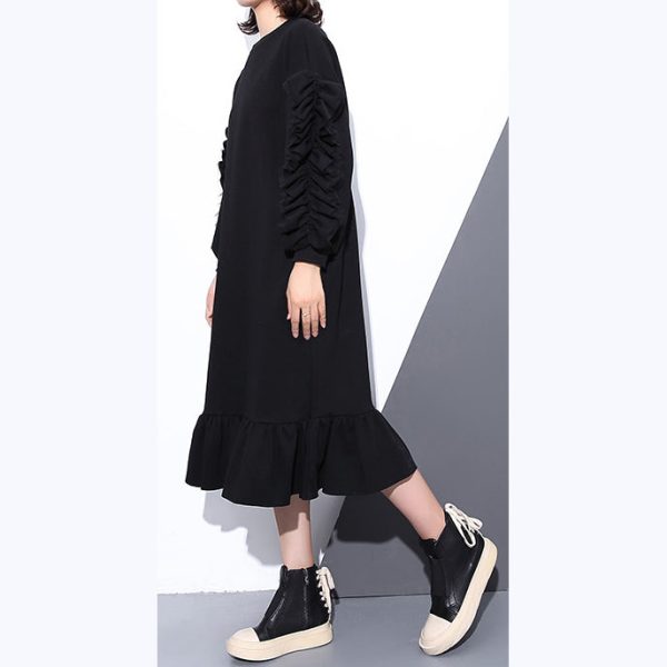 boutique black autumn cotton dress trendy plus size O neck cotton clothing dress 2018 long sleeve Cinched maxi dresses - Image 3
