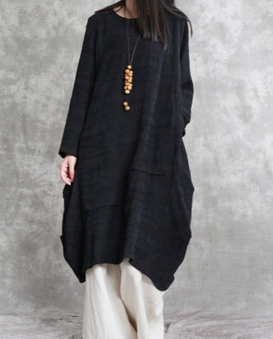 Boutique Black Cotton Linen Caftans Oversized O Neck Asymmetric Traveling Dress Vintage Long Sleeve Baggy Dresses