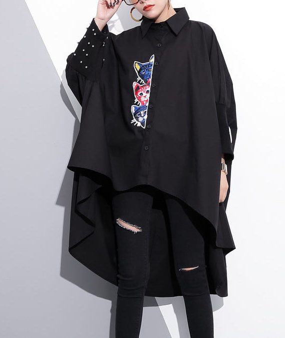 boutique black embroidery cotton tops oversized traveling clothing vintage low high batwing sleeve cotton t shirt