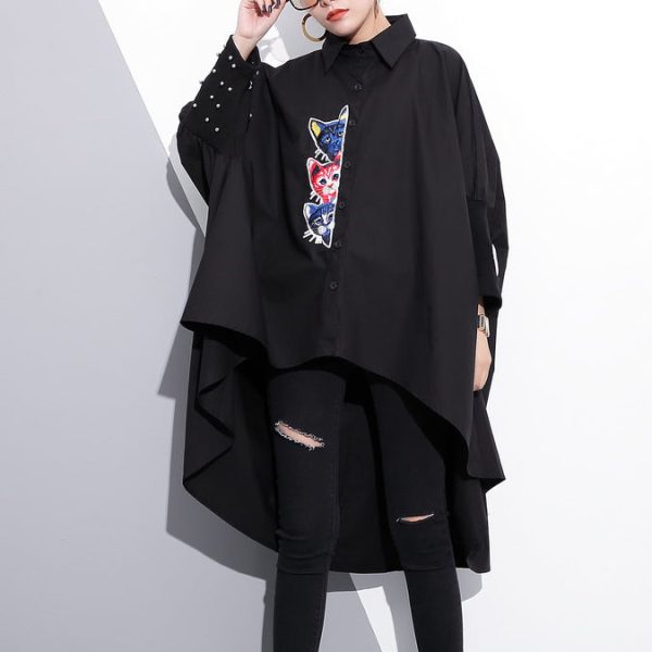 boutique black embroidery cotton tops oversized traveling clothing vintage low high batwing sleeve cotton t shirt