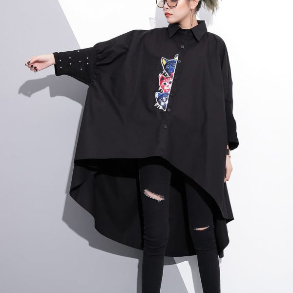 boutique black embroidery cotton tops oversized traveling clothing vintage low high batwing sleeve cotton t shirt - Image 2