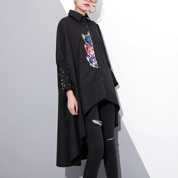 boutique black embroidery cotton tops oversized traveling clothing vintage low high batwing sleeve cotton t shirt - Image 3