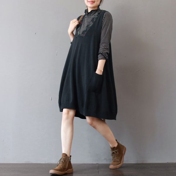 boutique black pure cotton dresses plus size holiday dresses hooded casual sleeveless cotton clothing dresses - Image 3