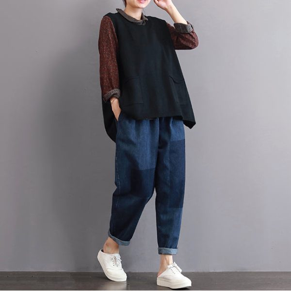 boutique black sweaters plus size big pockets sweaters 2018 sleeveless shirt - Image 2