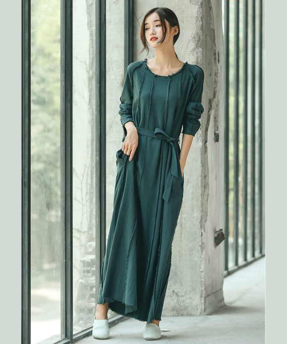 boutique blackish green plus size clothing O neck baggy dresses traveling clothing Elegant tie waist dresses
