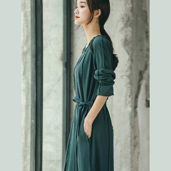 boutique blackish green plus size clothing O neck baggy dresses traveling clothing Elegant tie waist dresses - Image 3