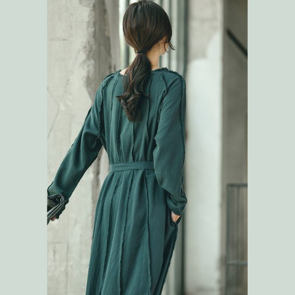 boutique blackish green plus size clothing O neck baggy dresses traveling clothing Elegant tie waist dresses - Image 4