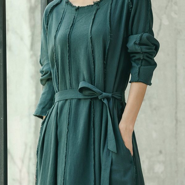 boutique blackish green plus size clothing O neck baggy dresses traveling clothing Elegant tie waist dresses - Image 5