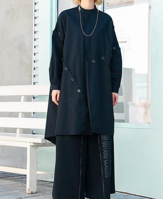 boutique casual medium length stand collar women coats black asymmetric coats