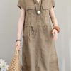 boutique khaki linen dresses plus size linen clothing dresses Elegant drawstring v neck midi dress