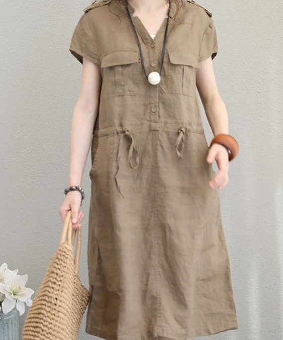 boutique khaki linen dresses plus size linen clothing dresses Elegant drawstring v neck midi dress