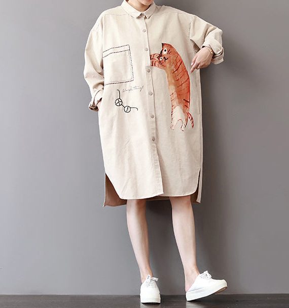 boutique light khaki cotton shift dress Loose fitting holiday dresses fine side open shirt dress