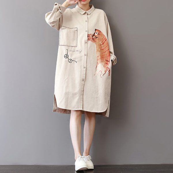 boutique light khaki cotton shift dress Loose fitting holiday dresses fine side open shirt dress - Image 2