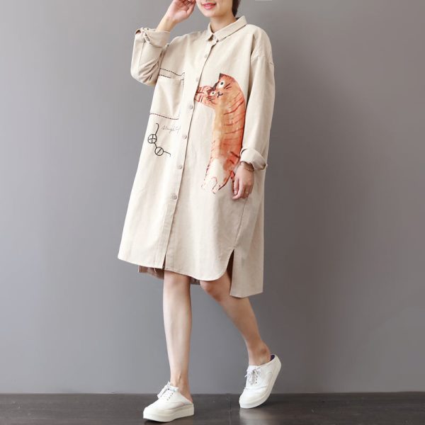 boutique light khaki cotton shift dress Loose fitting holiday dresses fine side open shirt dress - Image 3
