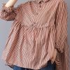 boutique red striped linen blouse plus size traveling clothing fine patchwork lapel collar linen blouses