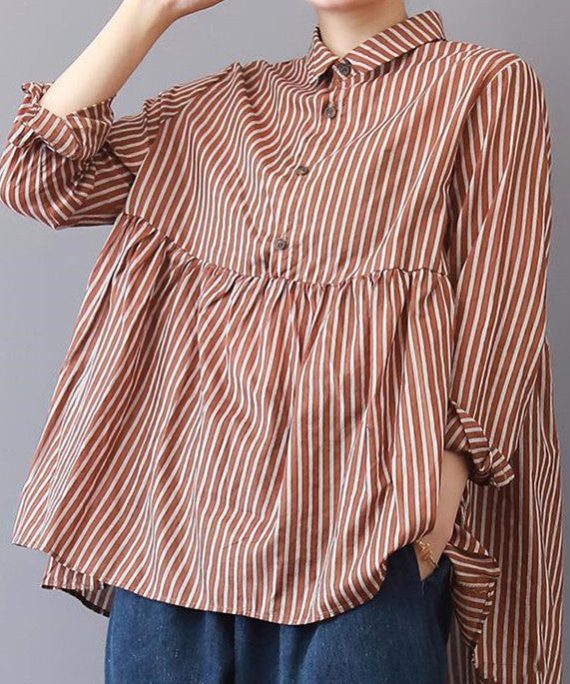 boutique red striped linen blouse plus size traveling clothing fine patchwork lapel collar linen blouses