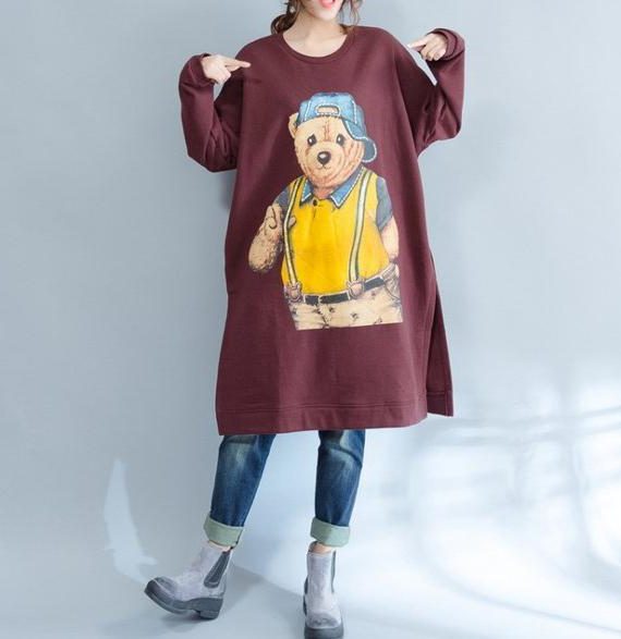 burgundy fashion cotton traveling dress oversize o neck cartoon print maternity dress