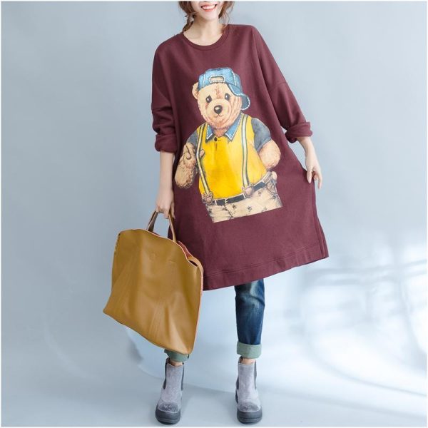 burgundy fashion cotton traveling dress oversize o neck cartoon print maternity dress - Image 2