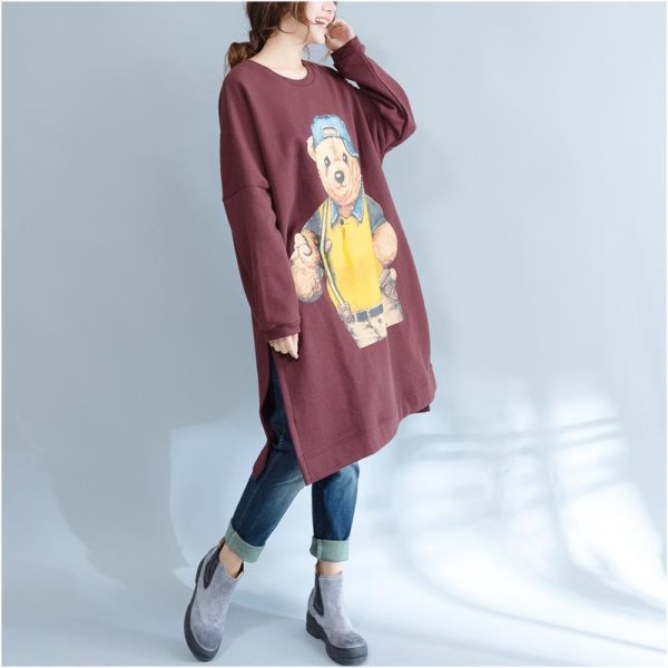 burgundy fashion cotton traveling dress oversize o neck cartoon print maternity dress - Image 3