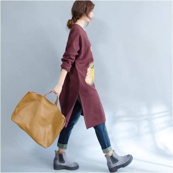 burgundy fashion cotton traveling dress oversize o neck cartoon print maternity dress - Image 4