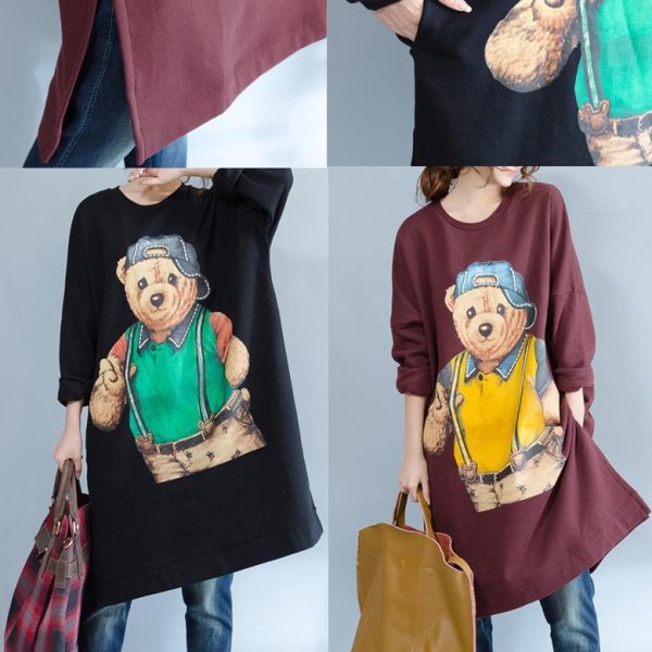 burgundy fashion cotton traveling dress oversize o neck cartoon print maternity dress - Image 5