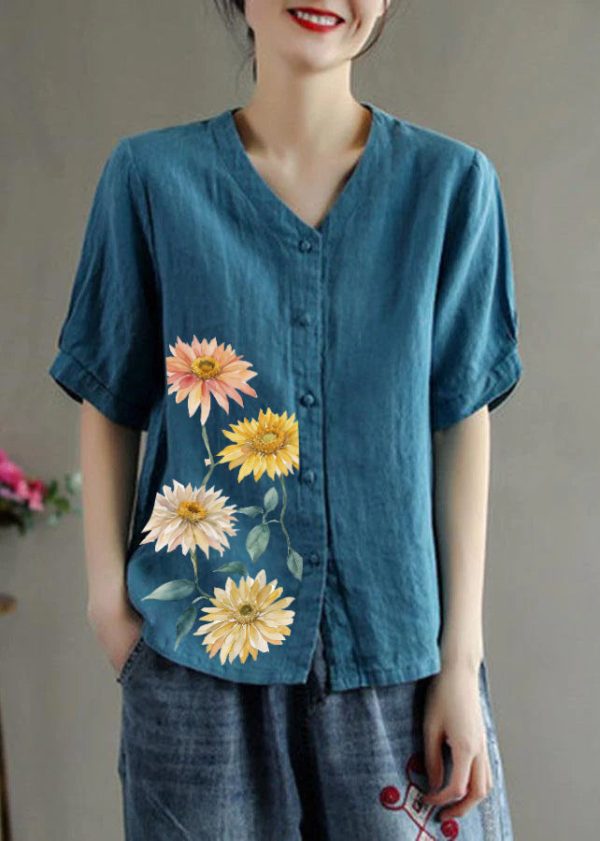 Loose Pink V Neck Embroideried Floral Summer Linen Shirt - Image 7