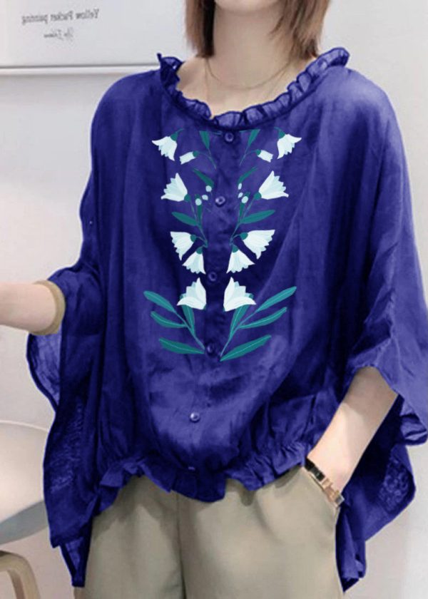 Art Navy Tops Ruffles Trim Half Sleeve Shirts Blouse Plus Size - Image 14