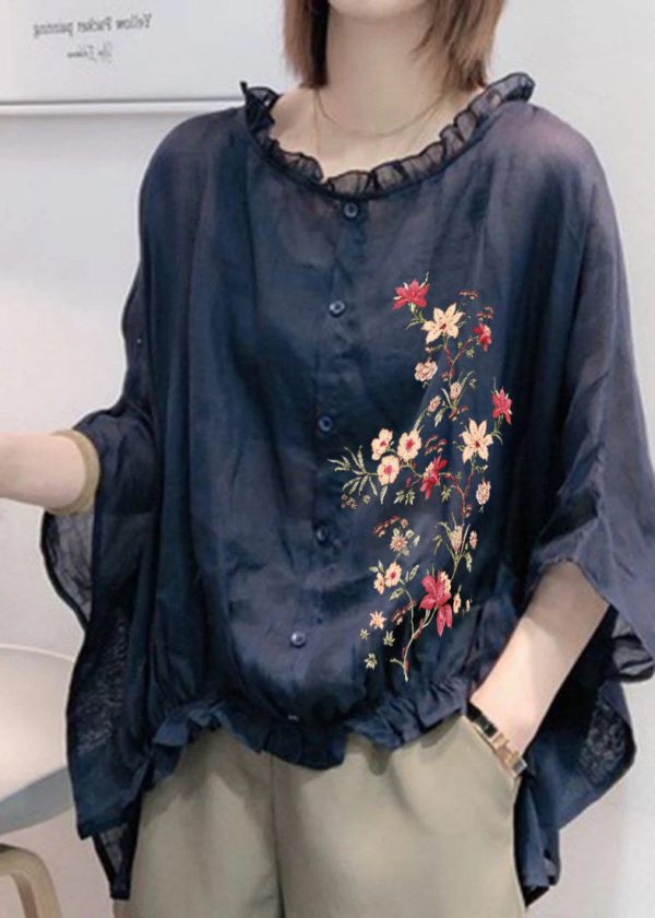 Art Navy Tops Ruffles Trim Half Sleeve Shirts Blouse Plus Size - Image 10