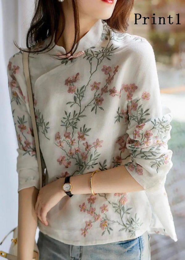 Unique Beige Print Linen Blouses Spring - Image 8