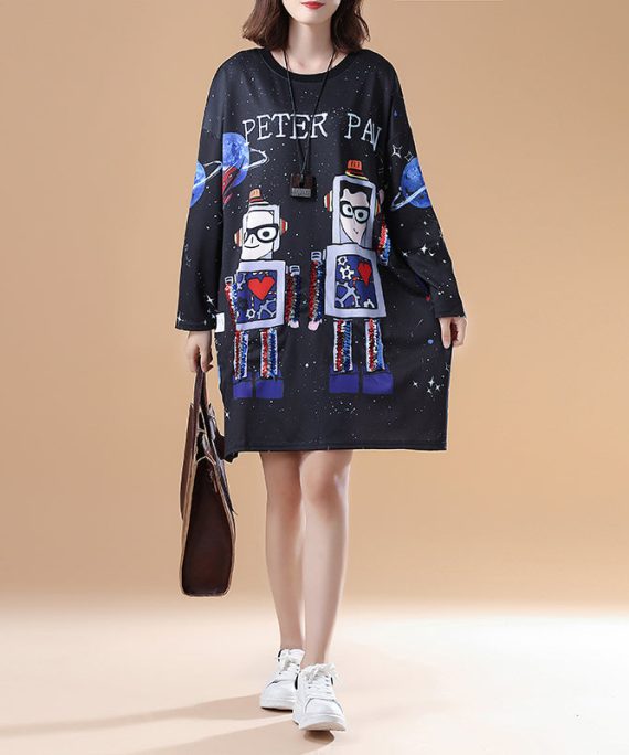 cartoon print 2025 fall black cotton casual dresses plus size long sleeve fashion shift dress