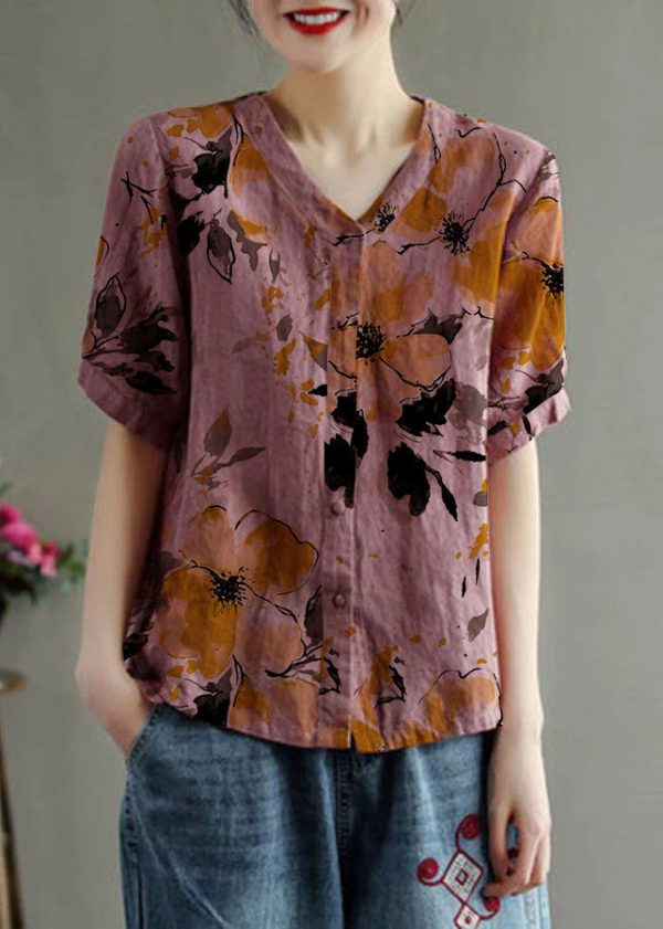 Loose Pink V Neck Embroideried Floral Summer Linen Shirt - Image 9