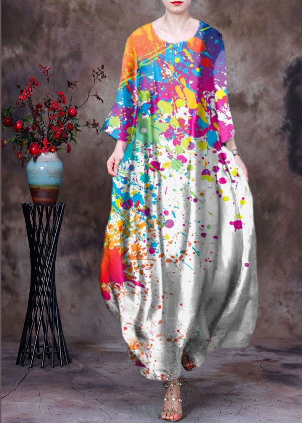 Beautiful Blue O-Neck Print 2025 Silk Long Dress Bracelet Sleeve - Image 6