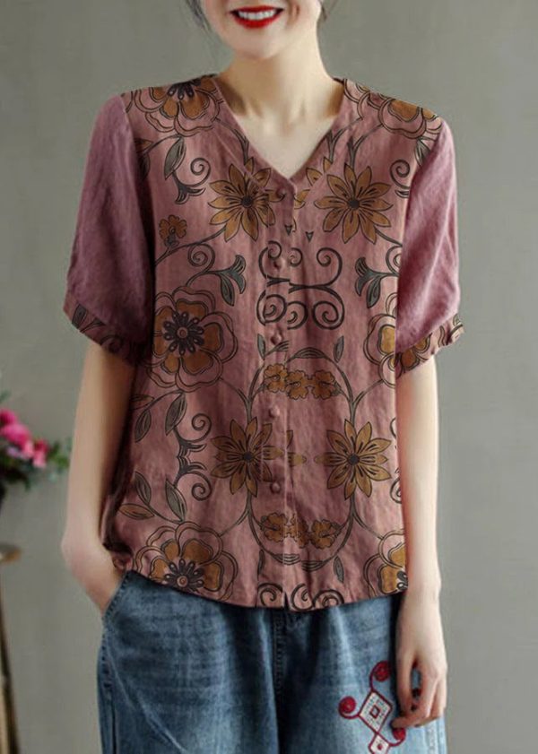 Loose Pink V Neck Embroideried Floral Summer Linen Shirt - Image 8