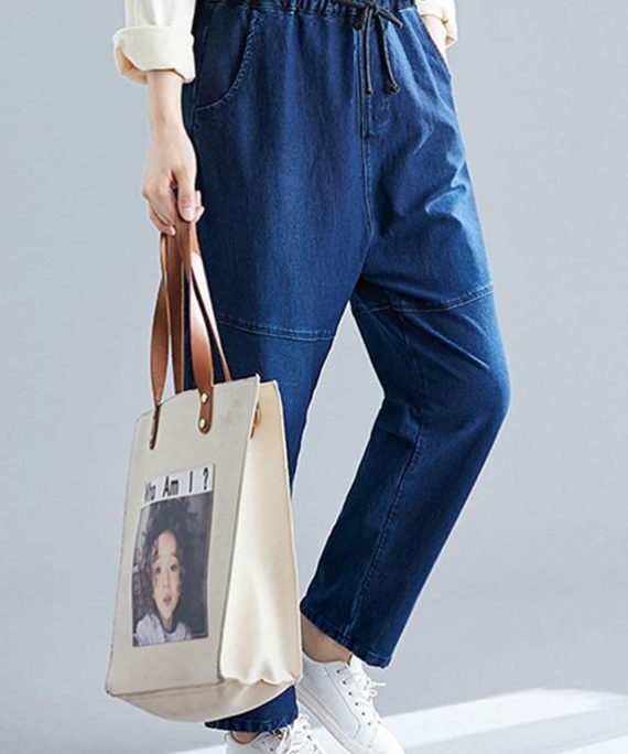 denim blue vintage women pants elastic waist patchwork trousers