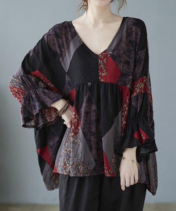 diy Ruffles flare Sleeve Print V Neck Tops
