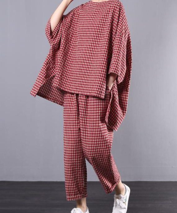 Casual Plus Size Cotton Linen red Plaid Vintage Blouse And Pants Two Pieces Set(Limited Stock)