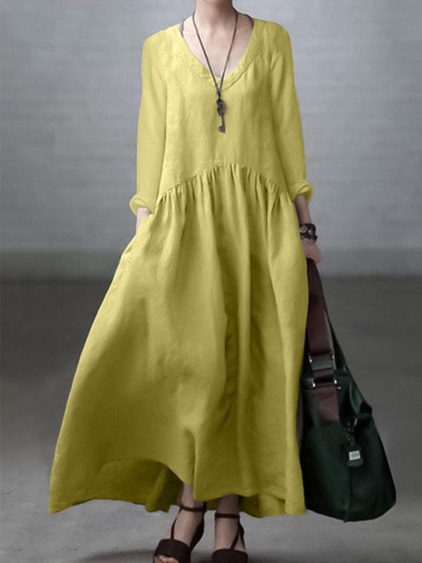 Simple and Loose V-neck Cotton and Linen Dress - Image 2