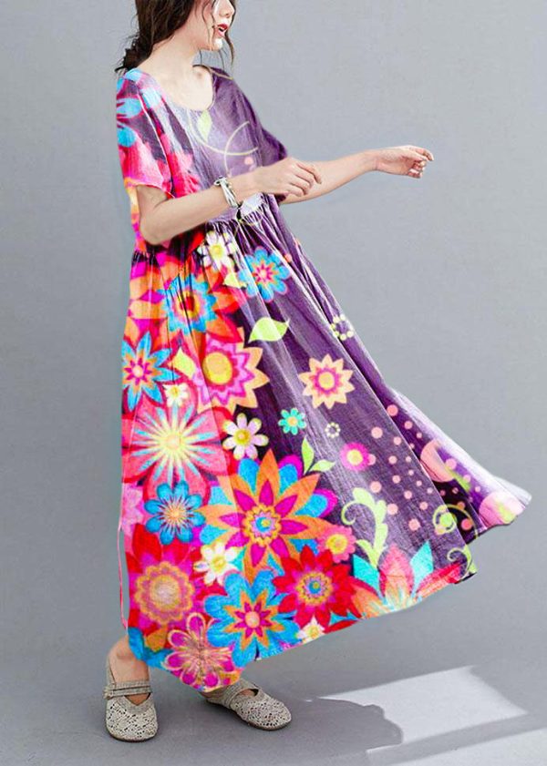 Natural Purple Pockets Short Sleeve Robe Cotton Linen Dresses - Image 8