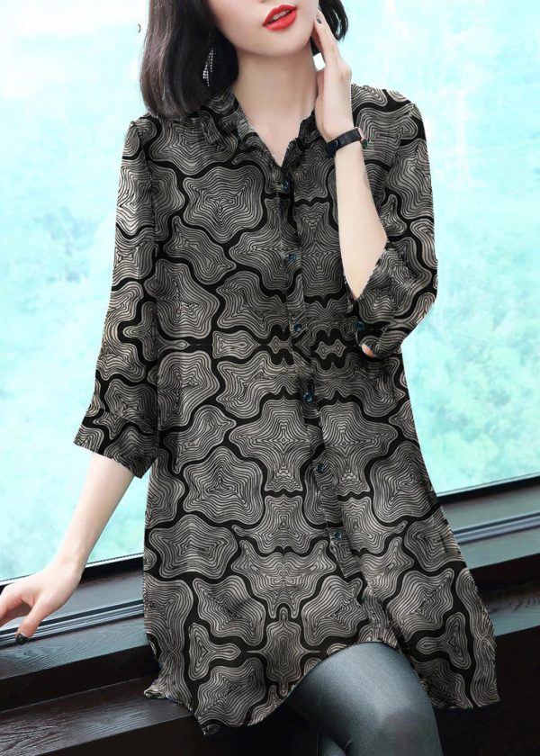 Stylish Peter Pan Collar Button Print Chiffon Shirt Tops Summer - Image 6